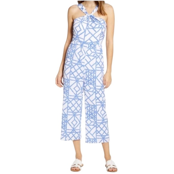Vineyard Vines Bamboo Lattice Halter Jumpsuit Size 10 Blue White - Picture 16 of 16